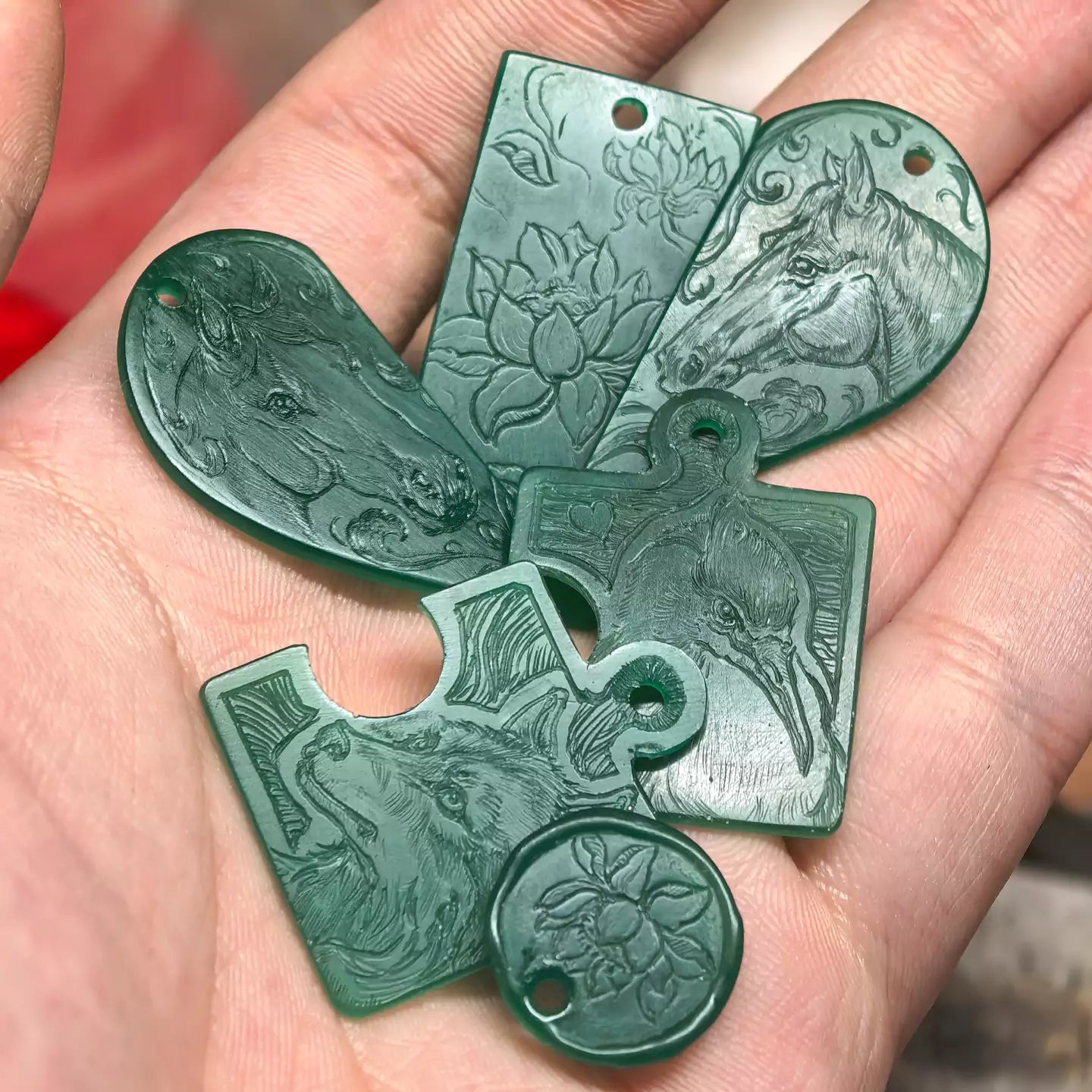 Finished handmade wax models prepared for casting unique designer jewelry pieces.