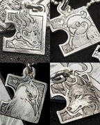 Four customizable silver puzzle pendants with dragon, wolf, bird motifs in a four-panel layout, by Dzoo at Rainbow Tears.