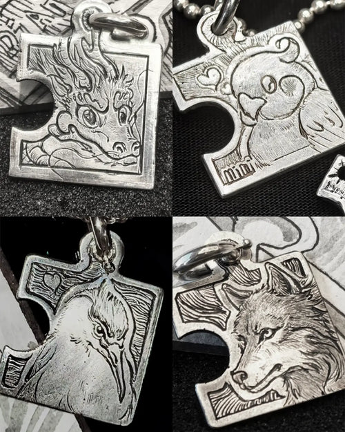 Four customizable silver puzzle pendants with dragon, wolf, bird motifs in a four-panel layout, by Dzoo at Rainbow Tears.