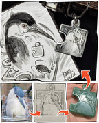 A four-step process showing custom silver necklace creation from your idea to wax carving, by Dzoo, at Rainbow Tears.
