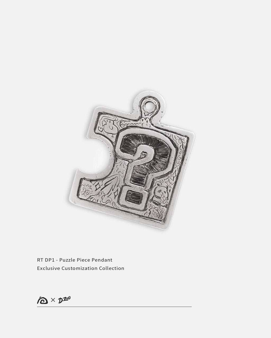 Front view of customizable 990 silver puzzle pendant on a white background, personalized from your idea by Dzoo, at Rainbow Tears.