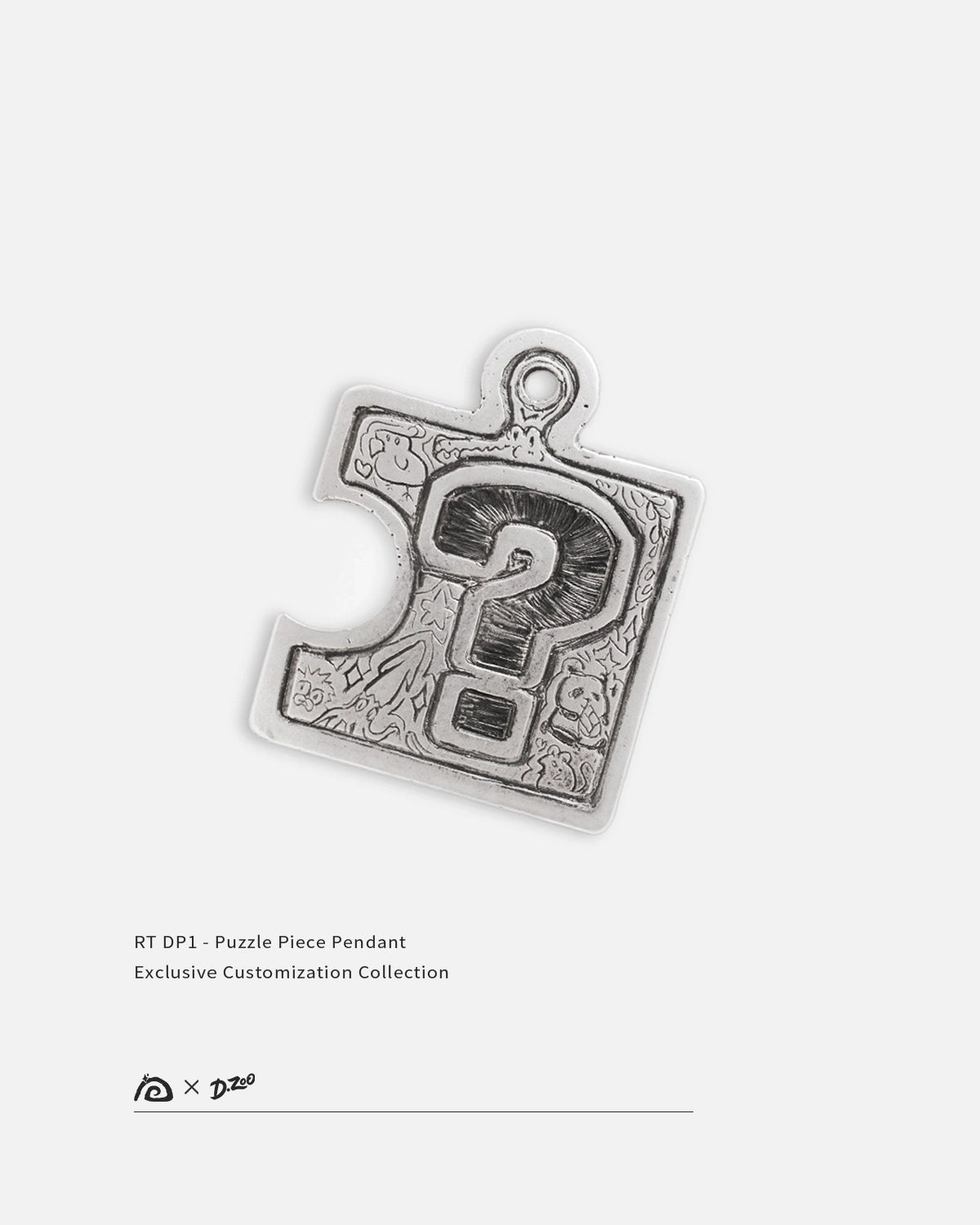Front view of customizable 990 silver puzzle pendant on a white background, personalized from your idea by Dzoo, at Rainbow Tears.
