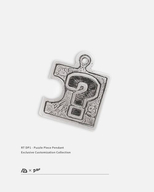 Front view of customizable 990 silver puzzle pendant on a white background, personalized from your idea by Dzoo, at Rainbow Tears.