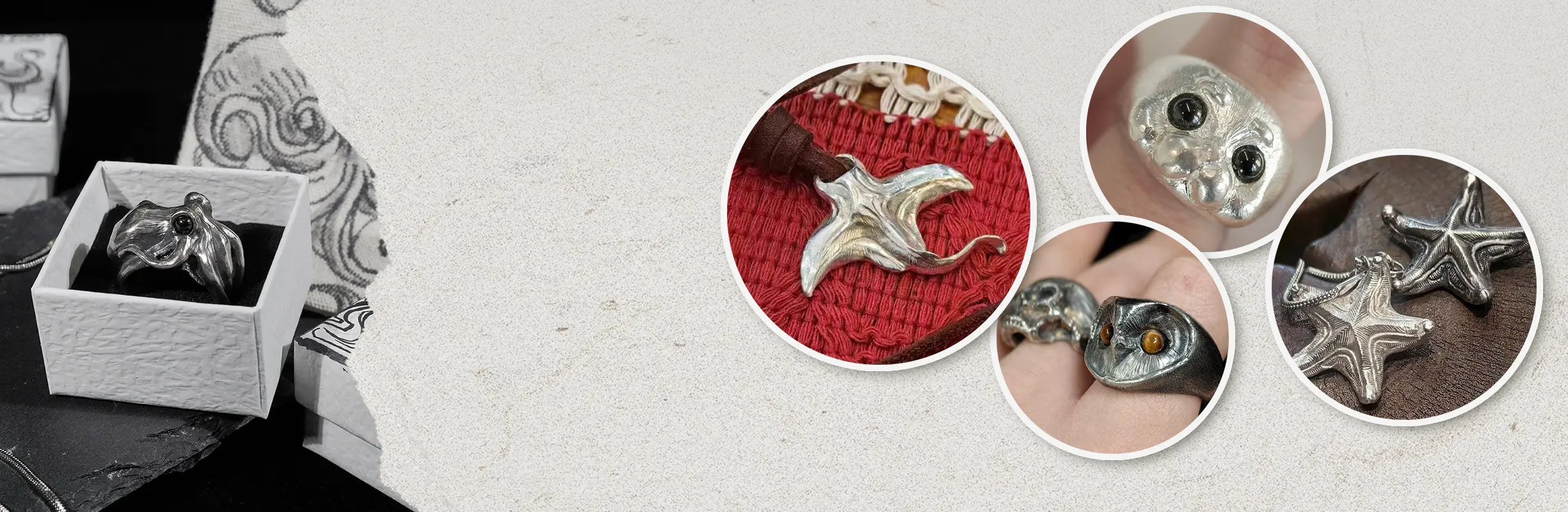 A collection of five artistic silver jewelry pieces by collaborative designers, curated by Rainbow Tears.