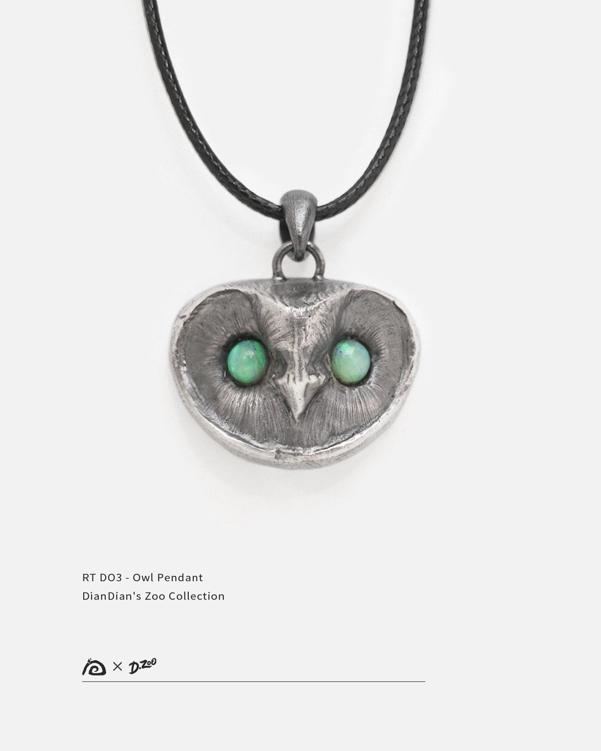 Handmade 925 sterling silver owl pendant with natural opalite gemstone eyes, designed by Dzoo, available at Rainbow Tears.