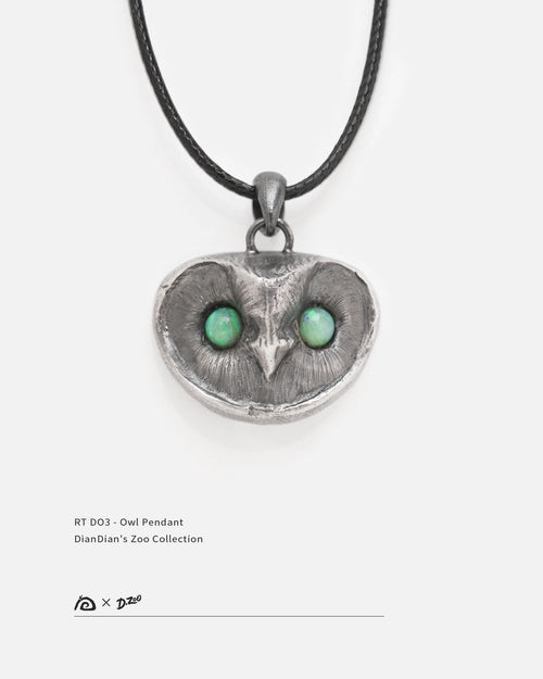 Handmade 925 sterling silver owl pendant with natural opalite gemstone eyes, designed by Dzoo, available at Rainbow Tears.