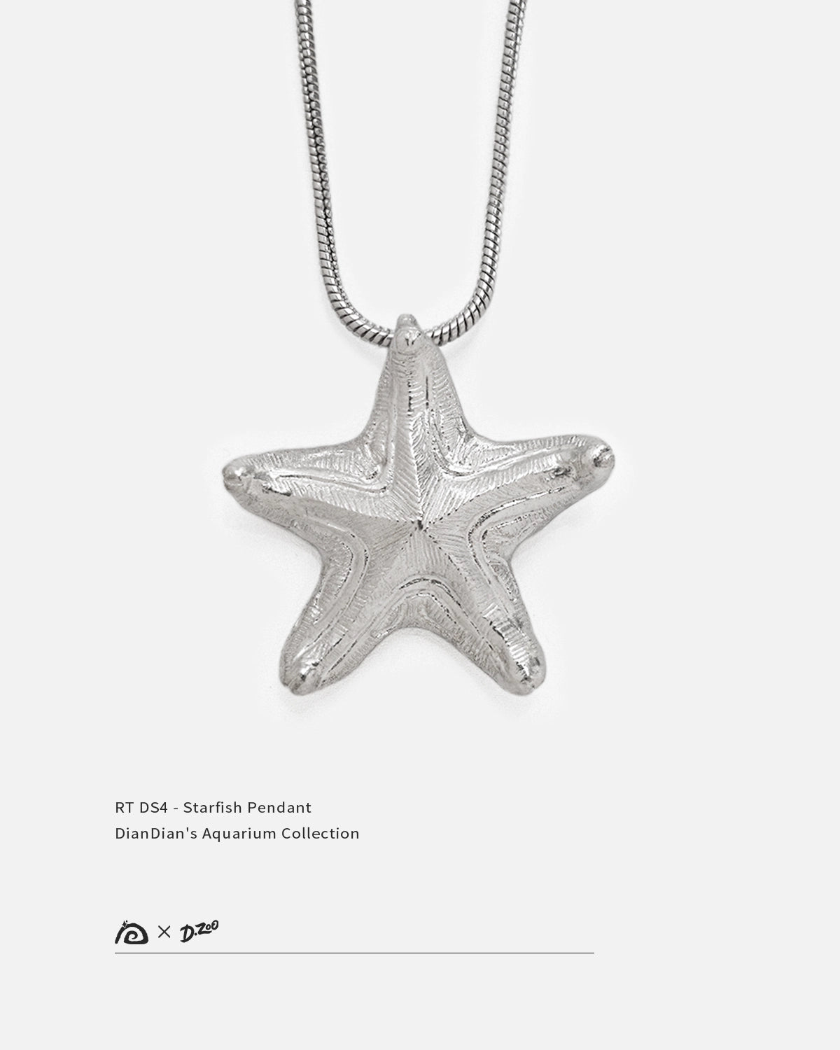 Front view of bright polished 925 silver starfish pendant on white background, designed by Dzoo, at Rainbow Tears.