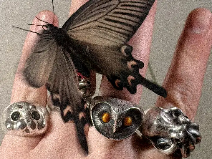 A hand wearing four artistic jewelry rings from Rainbow Tears—a seal ring, an owl ring, a heart ring, and an octopus ring—while a live butterfly gently rests on the fingers, representing the Snowflake Doctrine collection.