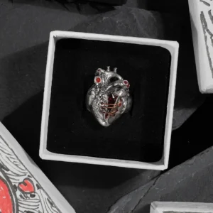 A heart ring displayed inside a jewelry box, surrounded by four hand-drawn heart-themed accessory boxes used as decorative elements.