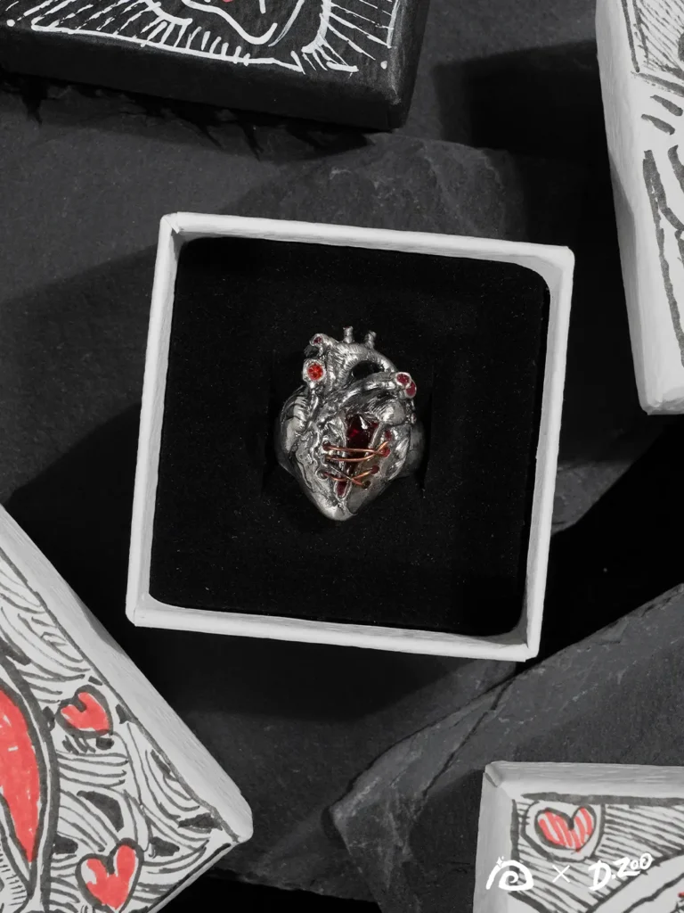 A heart ring displayed inside a jewelry box, surrounded by four hand-drawn heart-themed accessory boxes used as decorative elements.