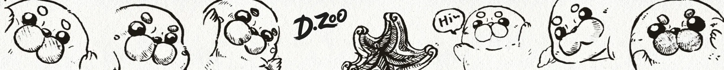 Six Ploop seal sketches, a starfish sketch, and the D.zoo brand icon arranged together as a playful visual element for D.zoo jewelry pages.