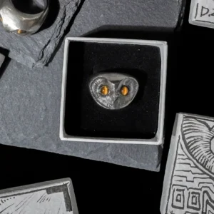 Two sterling silver owl rings displayed in a jewelry box and on a stone slab