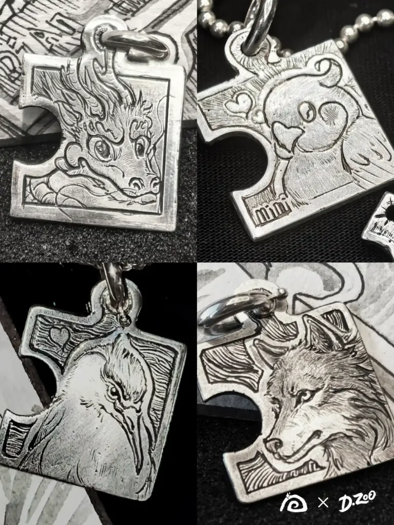 Four custom puzzle piece necklace designs featuring a Chinese dragon, parrot, wolf, and night heron