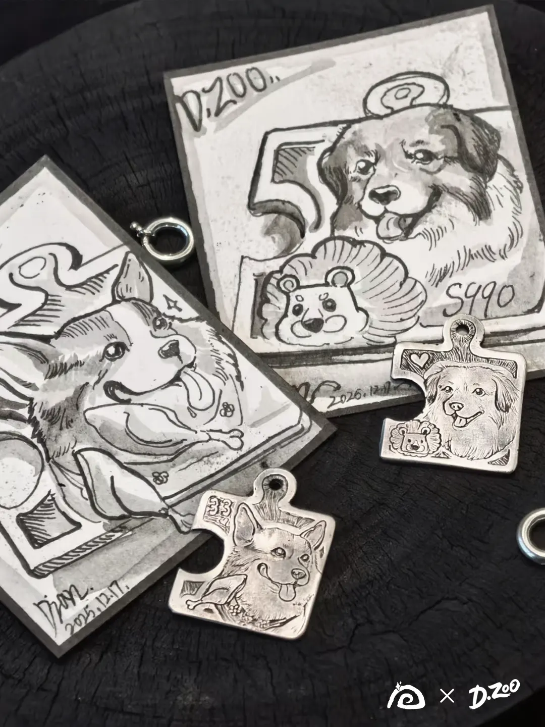 Two handcrafted dog puzzle piece necklace pendants shown with hand-drawn cards with pictures of dogs on them