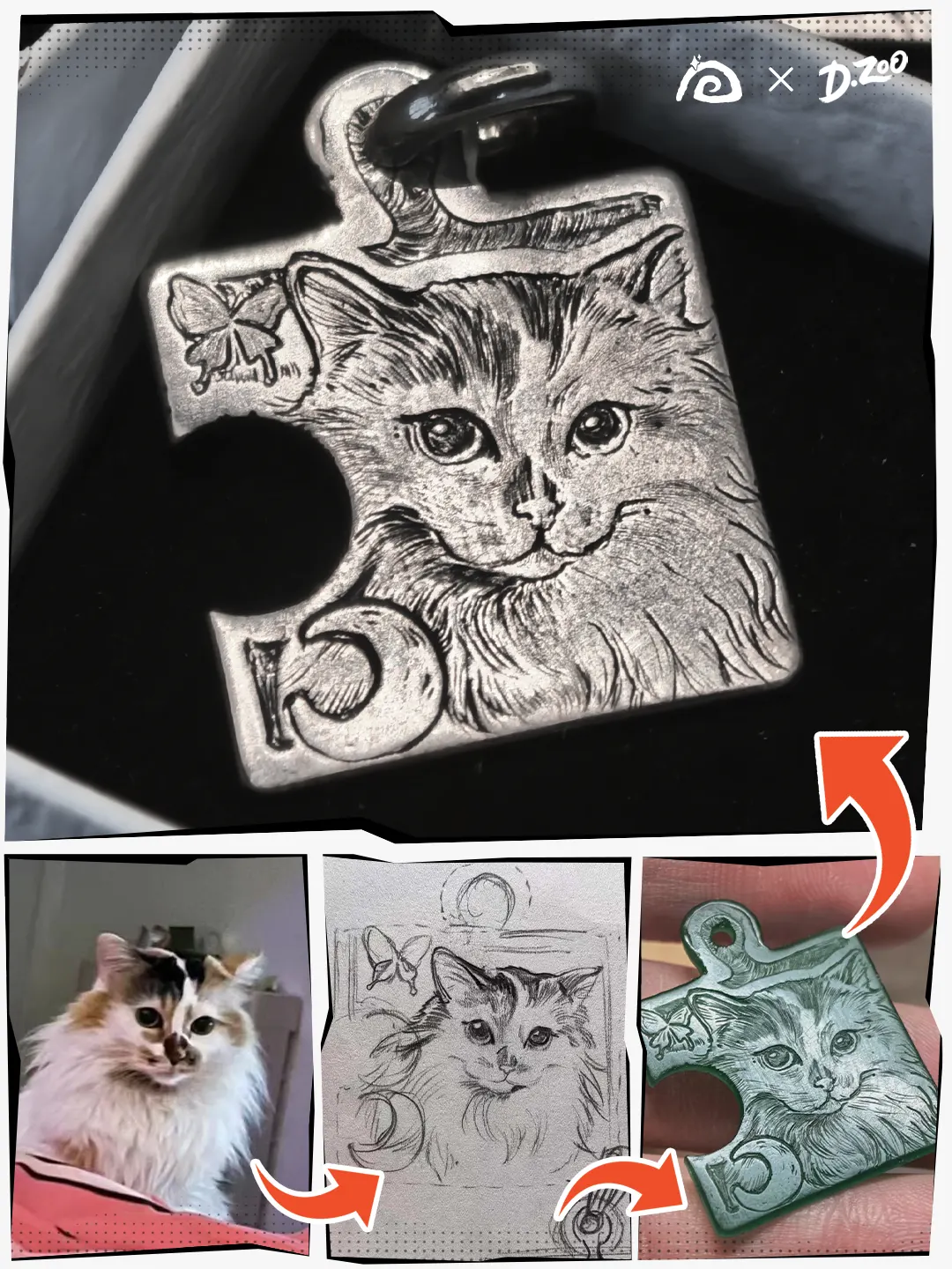 From a cat photo to the final silver pendant, a four-step bespoke puzzle piece necklace procedure
