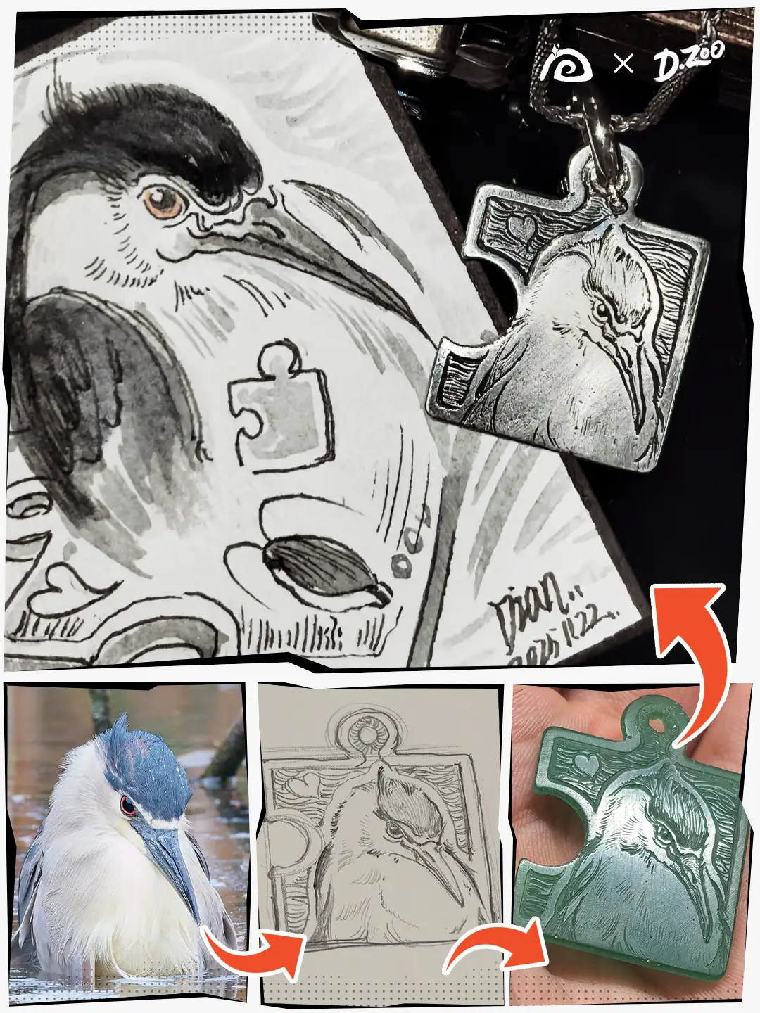 From the night heron image to the completed silver pendant, there are four steps involved in creating a personalized puzzle piece necklace.