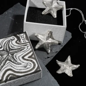 Three bright silver starfish pendants displayed with a hand-drawn starfish jewelry box.