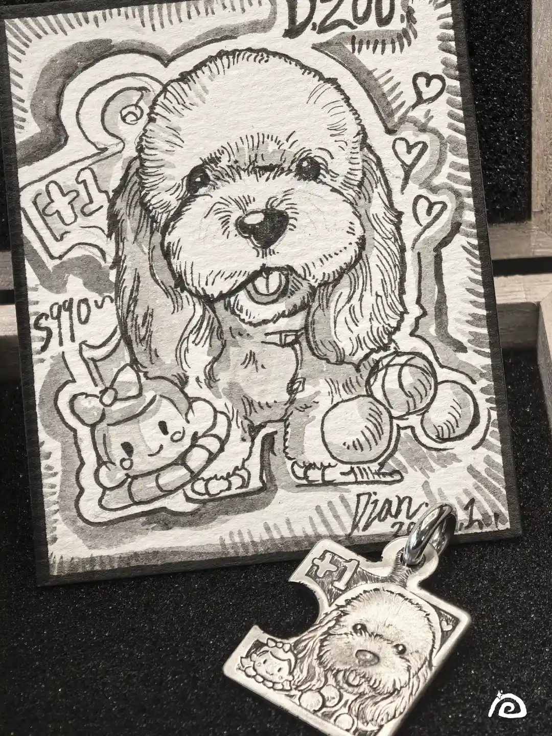 Custom puzzle piece necklace featuring a cute dog pendant beside a hand-drawn designer illustration card