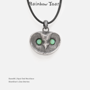 Front view of a handcrafted owl necklace with opal eyes on a white background