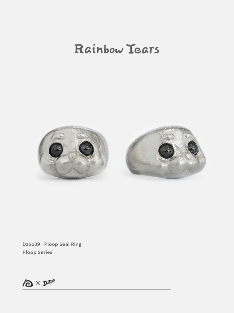 Sterling silver Ploop seal ring shown from front and 45-degree angles, highlighting the rounded seal head details