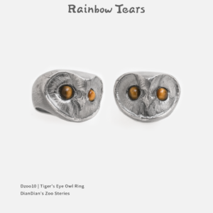 Front and 45-degree view of a sterling silver owl ring with tiger's eye stones