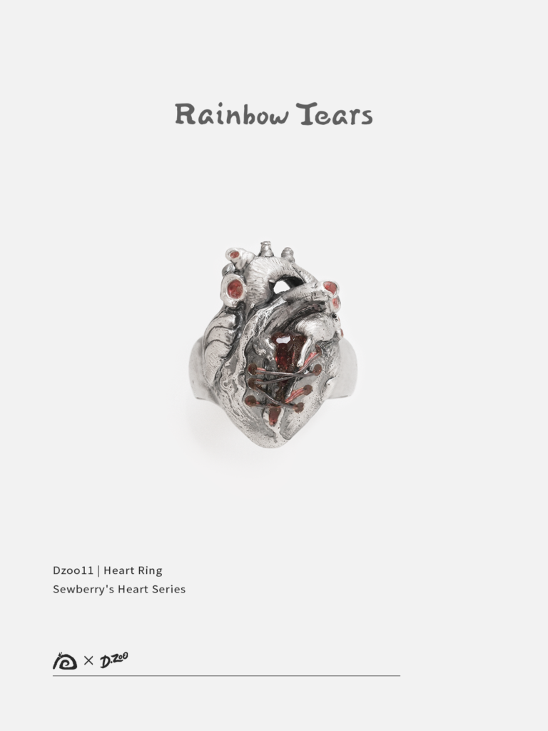 Front view of a silver heart ring set with red zircon on a white background