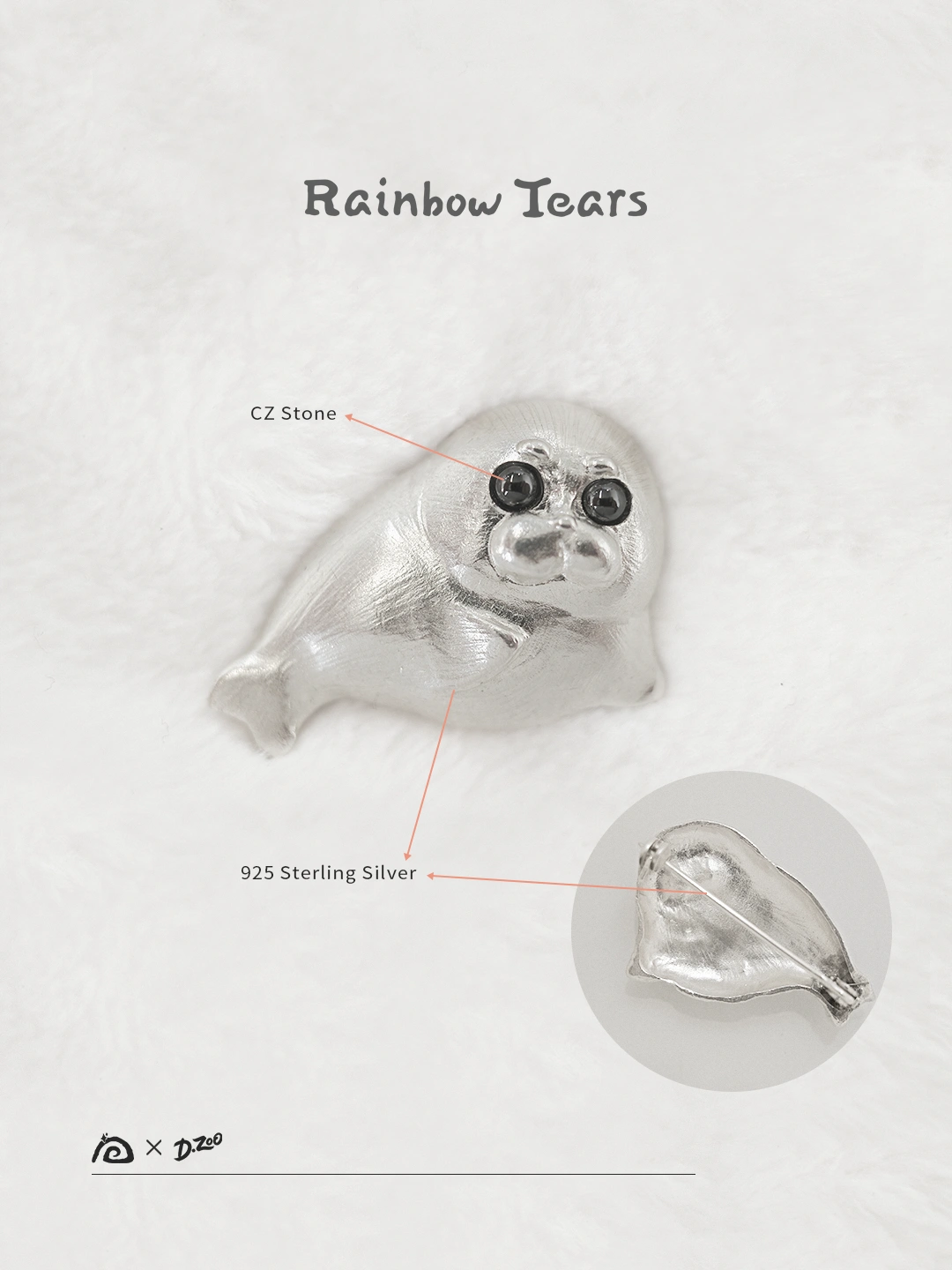 This Ploop seal brooch is made of 925 sterling silver and inlaid with black cz stone