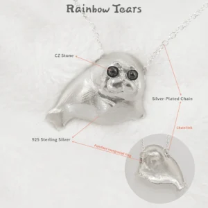 The material of the Ploop seal necklace, as shown in the picture, features a 925 sterling silver pendant, a silver-plated chain, and black cz stone eyes