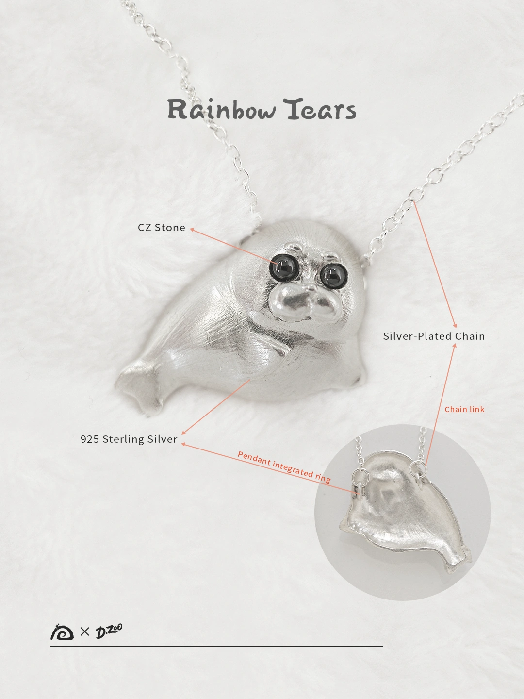 The material of the Ploop seal necklace, as shown in the picture, features a 925 sterling silver pendant, a silver-plated chain, and black cz stone eyes