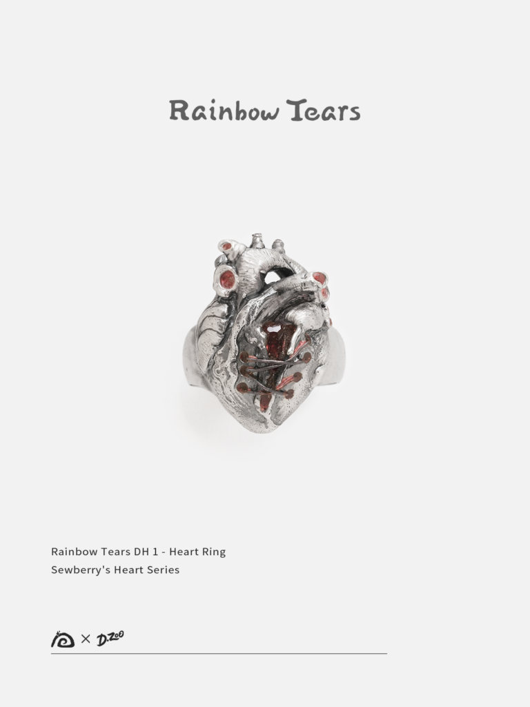 Front view of a silver heart ring set with red zircon on a white background