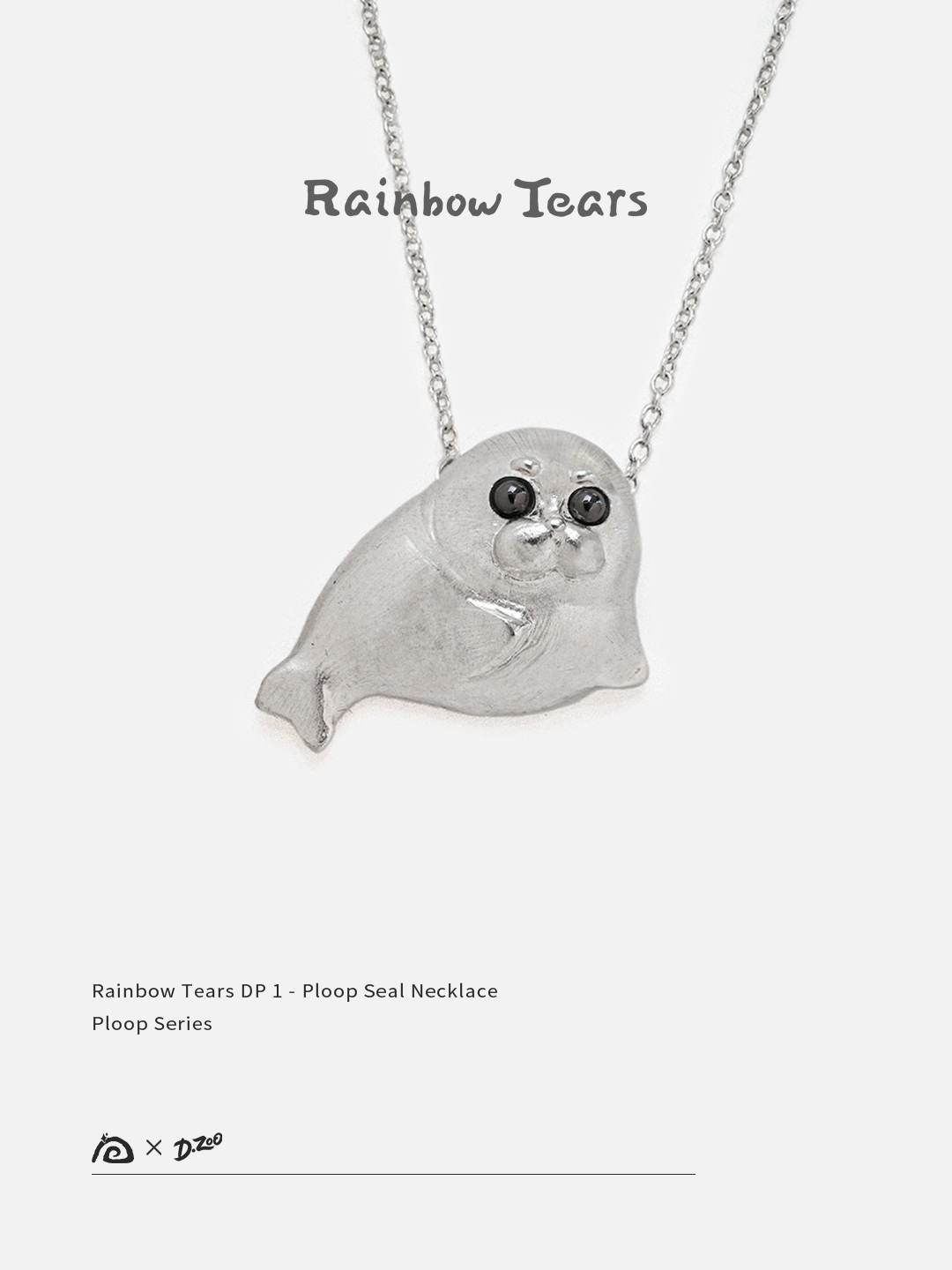 Front view of the Ploop seal necklace in sterling silver on a white background