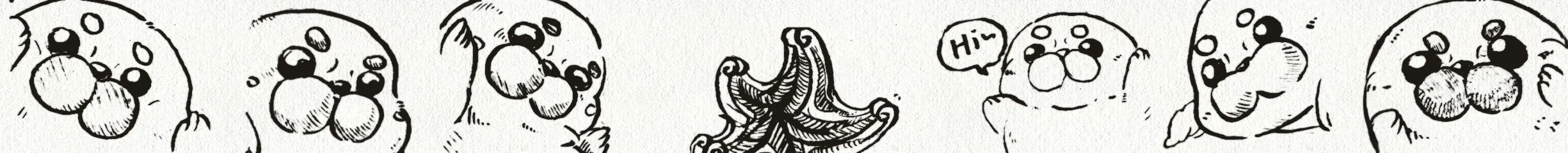 Six different action Ploop seal character doodles