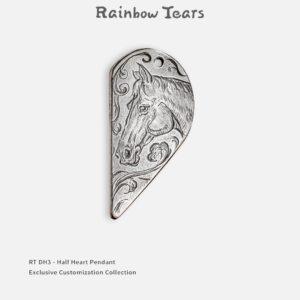 Custom pattern engraved on a single half heart pendant for couples made of 990 fine silver
