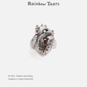 Front view of a sterling broken silver heart ring set with red zircon on a white background