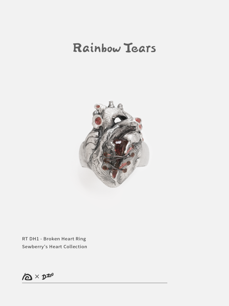 Front view of a sterling broken silver heart ring set with red zircon on a white background