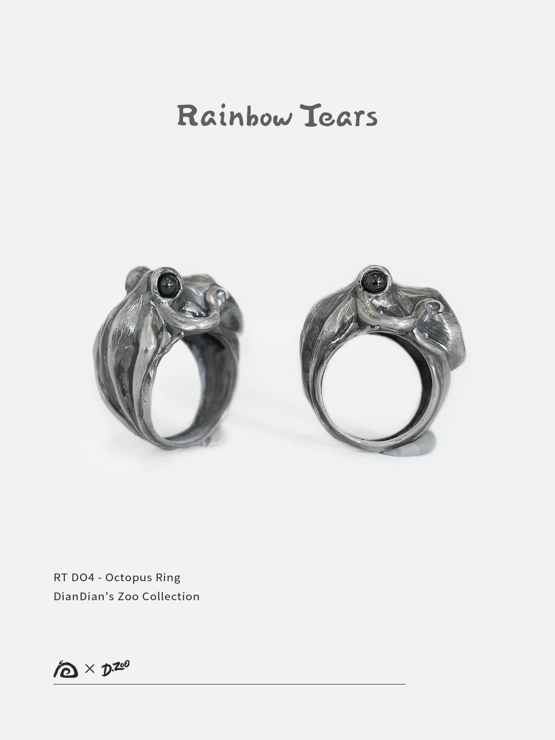 Sterling silver octopus ring shown from side and 45-degree angles, highlighting sculpted tentacle details
