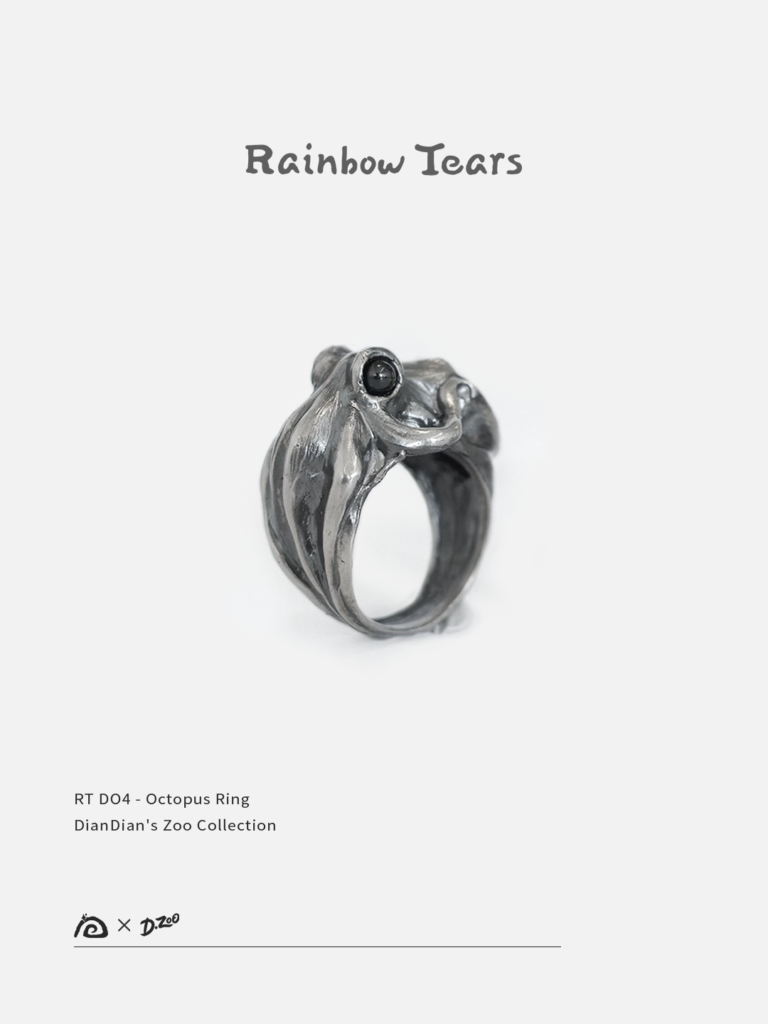 Pure silver octopus ring 45-degree angle display image on a white background