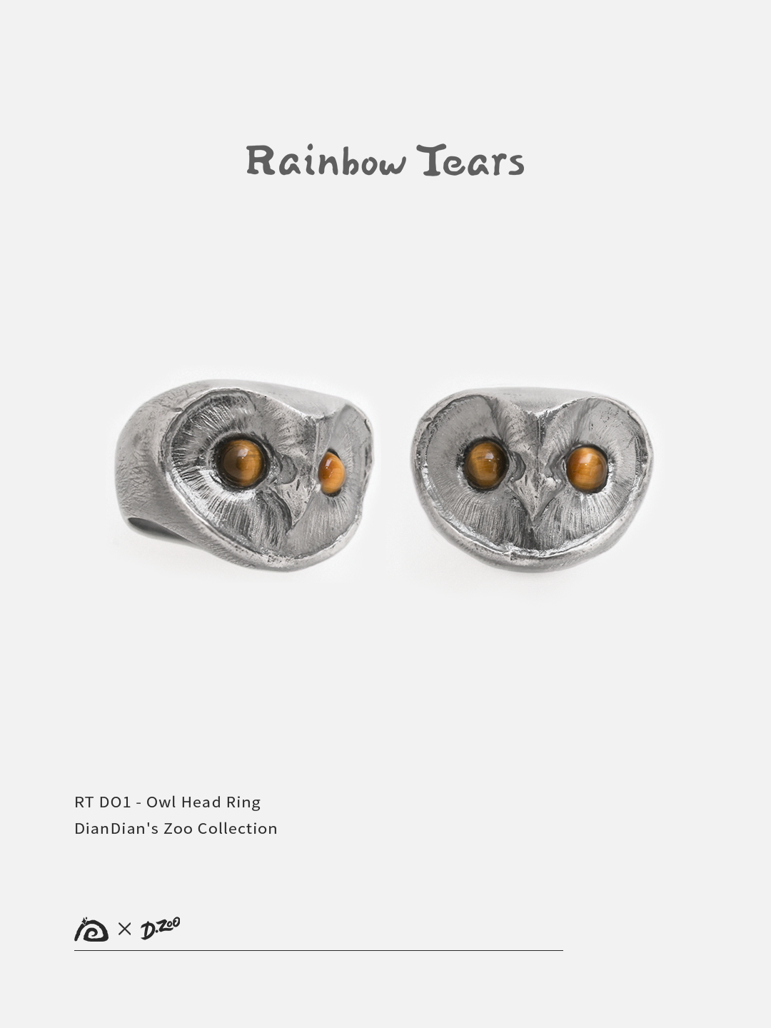 Front and 45-degree view of a sterling silver owl head ring with tiger's eye stones