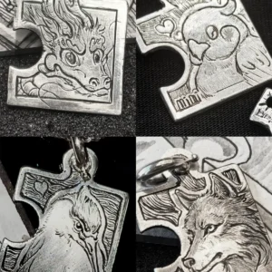 Four custom puzzle piece necklace designs featuring a Chinese dragon, parrot, wolf, and night heron
