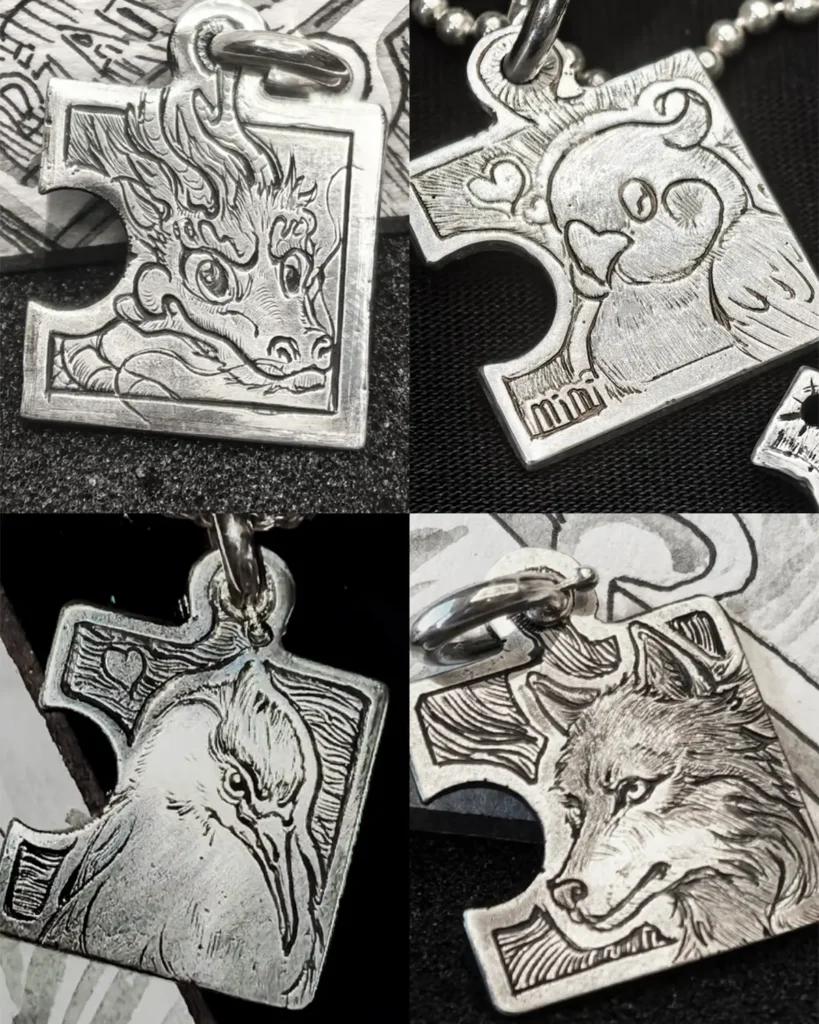 Four custom puzzle piece necklace designs featuring a Chinese dragon, parrot, wolf, and night heron