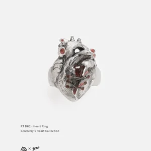 Front view of a sterling broken silver heart ring set with red zircon on a white background