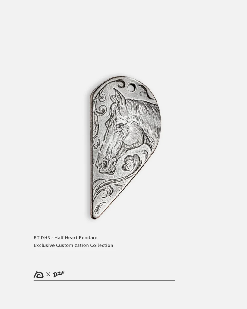 Custom pattern engraved on a single half heart pendant for couples made of 990 fine silver