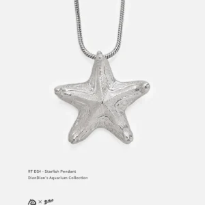 Front view of a bright handcrafted silver starfish pendant on a white background