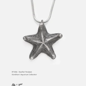 Front view of a distressed handcrafted silver starfish necklace on a white background