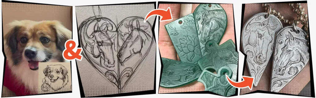 Steps to customize a 990 fine silver half-heart pendant: from the initial design sketch and hand-carved wax model to the finished product.