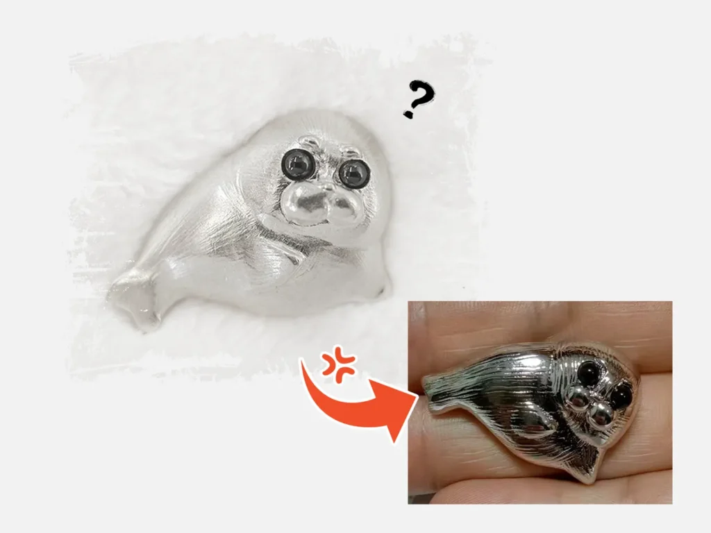 Designer handcrafted 925 silver seal brooch and imitation piece comparison showcasing authentic artisan jewelry craftsmanship