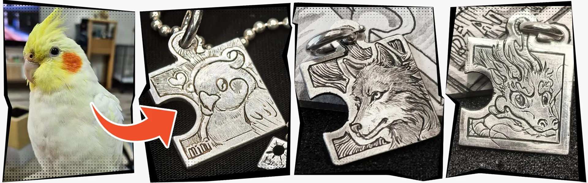 A real photo of Dian Dian's pet parrot alongside three cartoon-style puzzle-shaped pendants featuring parrot, wolf, and Chinese dragon designs, created for the Dzoo designer story.