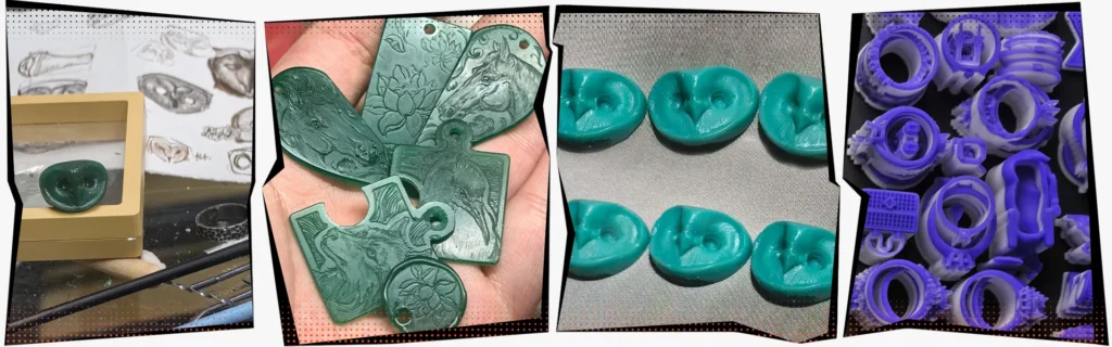 Jewelry design sketch and wax carving methods including hand carving, silicone molding, and 3D printed wax