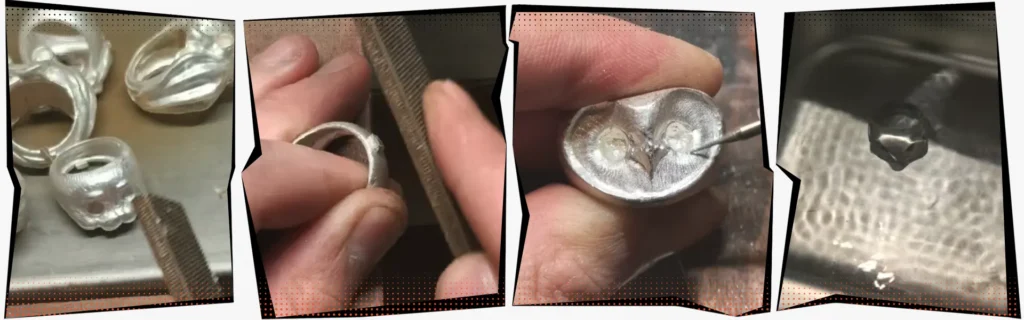 Jewelry finishing techniques including casting inspection, sprue cutting, surface refinement, and steam cleaning
