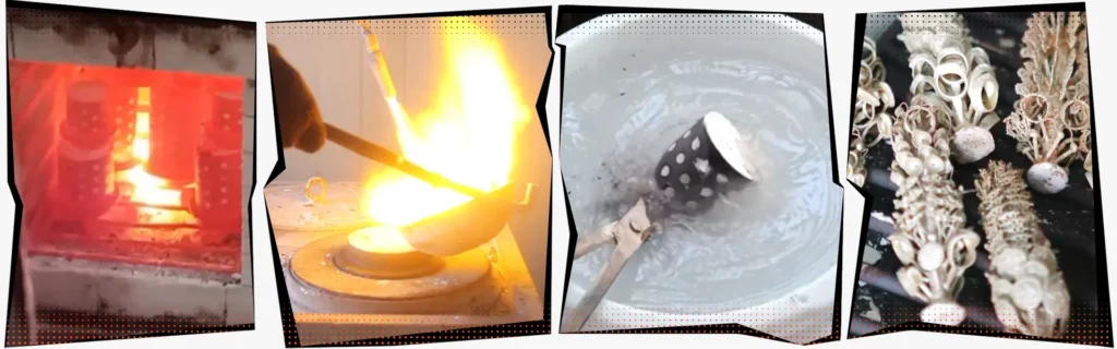 Lost-wax casting jewelry process including burnout, molten metal pouring, cleaning, and metal tree formation